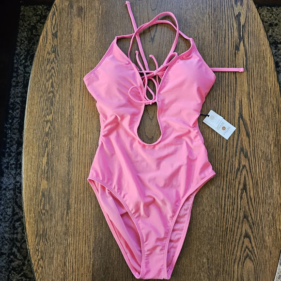 Shade & Shore Pink Tie-Front Plunge One Piece Swimsuit Size Women Small 4-6 NEW - Picture 5 of 11
